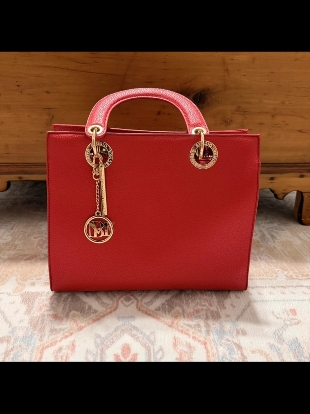 Badgley Mischka Red Leather Satchel with Gold-Tone Charm